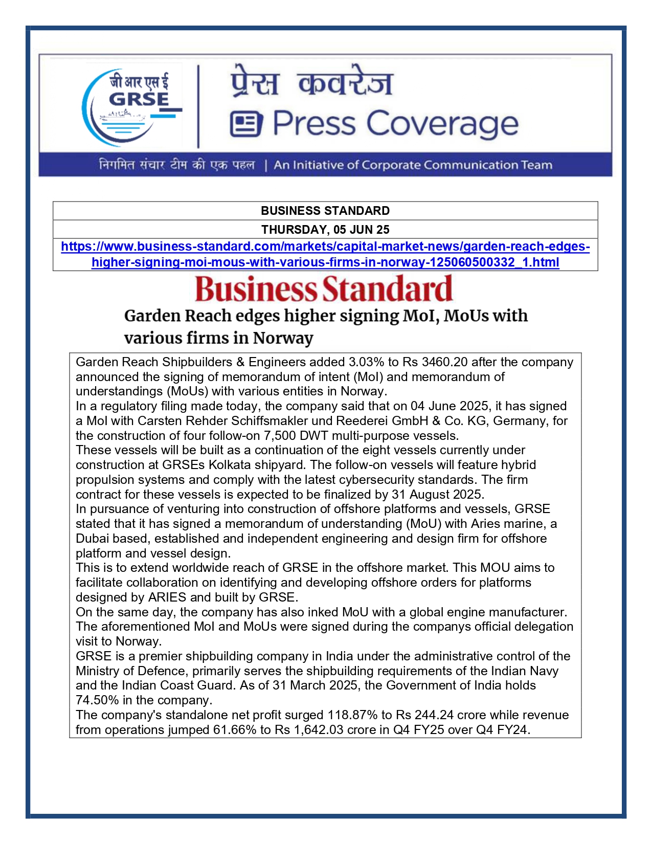 Press Coverage : CMD,GRSE conferred on CMA's Management Excellence Award 2025  